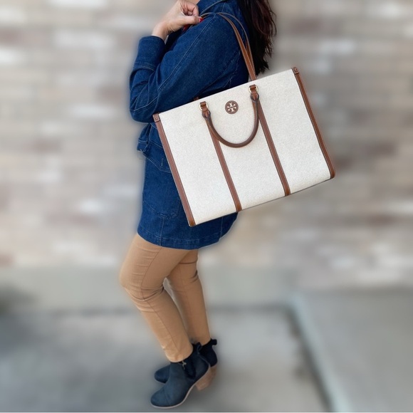Tory Burch Blake Jumbo Tote Bag Canvas Leather Trim Neutral Cream Brown Cuoio - Picture 8 of 8